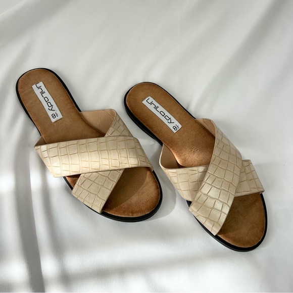 Shoes - UNILODY | Cross Strap Croc Print Leather Slide